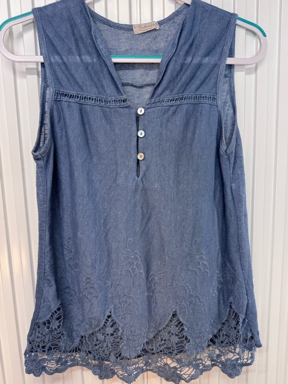Bellambra Italy Linen Tank Top Blue Henley Crochet Lace Floral Embroidery Small